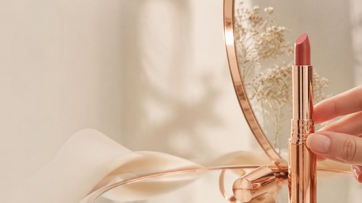 A hand holds a rose gold cosmetic tube with a pink lipstick bullet in front of a round mirror with dried flowers, set against a warm beige background.